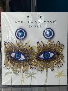 Blue Beaded Evil Eye Drop Earrings